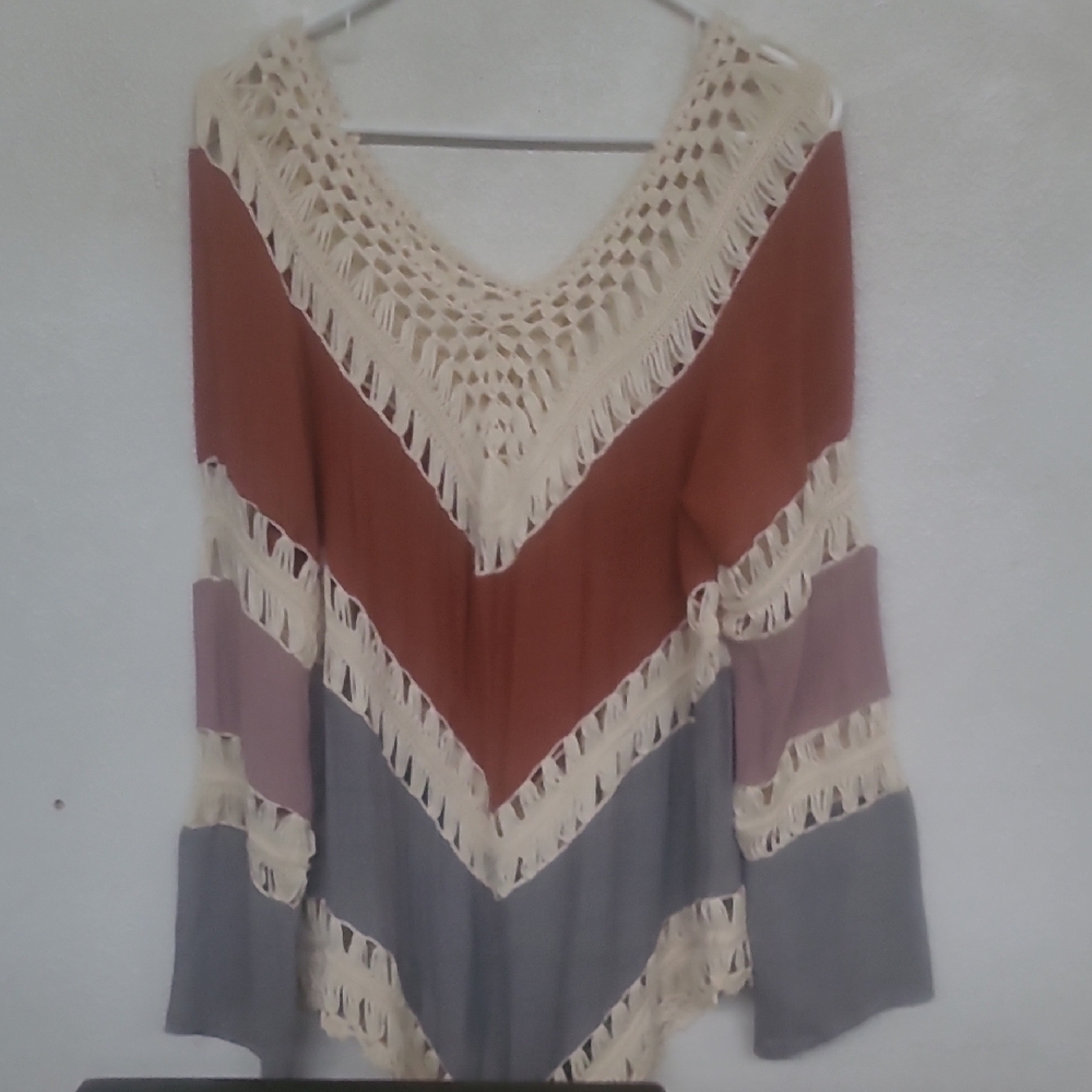 Boho Crochet Knit Poncho Large